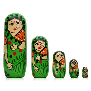 VARANASI WOODEN TOYS VARANASI WOODEN TOYS Set of 5Pcs Hand Painted Cute Wooden Russian Matryoshka Stacking Nested Wood Dolls Green