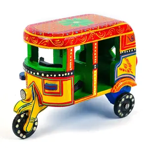 VARANASI WOODEN TOYS India Handmade Colorful Push and Pull Toys Wooden Auto Rickshaw (No Battery Required & Color May Vary)