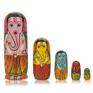 VARANASI WOODEN TOYS Set of 5pcs Hand Painted Religious Lord Ganesha Wooden Indian God