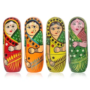 VARANASI WOODEN TOYS Russian Indian Dolls Nesting Traditional Hand Painted Wooden Set for Girls Kids Set of 5-4 Colors ROYG
