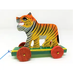 VARANASI WOODEN TOYS Wooden Pull Along Toy Encourage Walking Build Gross Motor Skills and Hand-Eye Coordination Handcrafted by Indian Artisans for Kids Toddlers (Tiger)