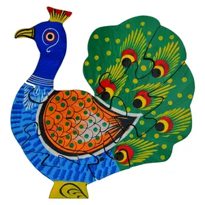 VARANASI WOODEN TOYS Peacock Shape 7 Piece Wooden Creative Educational Jigsaw Puzzles for Kids/Children (Dimensions Length - 5.5 Width - 6 Height - 0.5 Inch Multi Colour) Educational Toys for Kids