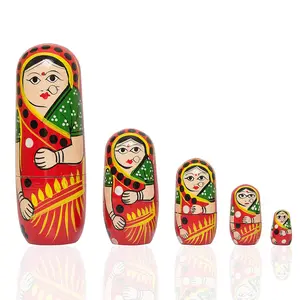 VARANASI WOODEN TOYS Set of 5Pcs Hand Painted Cute Wooden Russian Matryoshka Stacking Nested Wood Dolls Red