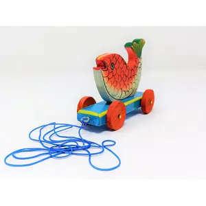 VARANASI WOODEN TOYS Wooden Pull Along Toy Encourage Walking Build Gross Motor Skills and Hand-Eye Coordination Handcrafted by Indian Artisans for Kids Toddlers (Fish)