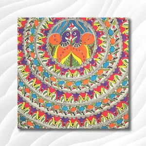 MADHUBANI PAINTINGS - Eco Vinyl Paper Poster - Madhubani Peacock - Vinyl Paper Poster (Eco Vinyl Small Size17X17 Inches MultiColor)