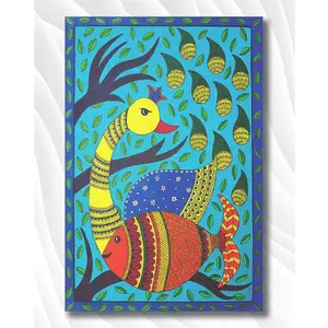 MADHUBANI PAINTINGS - Eco Vinyl Paper Poster - Fish & Peacock - Madhubani Eco Vinyl Paper Poster - Modern Art - Abstract Art - Eco Vinyl Paper Poster (Eco Vinyl Medium Lage 23X35 Inches Multicolor)