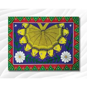 MADHUBANI PAINTINGS - Eco Vinyl Paper Poster - Yellow Fish - Madhubani Art - Abstract Art - Eco Vinyl Paper Poster (Eco Vinyl Size 18X12 Inches MultiColor)