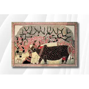 MADHUBANI PAINTINGS - Laminated Paper Poster - Madhubani Cow - Traditional Art - Abstract Art - Laminated Paper Poster (Laminated PaperSmall Size12X18 Inches MultiColor)