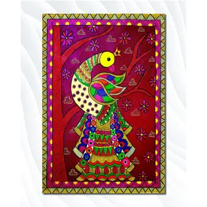 MADHUBANI PAINTINGS - Laminated Paper Poster - Colorful Peacock - Madhubani Art - Laminated Paper Poster (Laminated Paper Medium Size 12X18 Inches MultiColor)