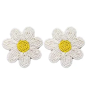 Tipsy Closet Yellow White Flower Handmade Beaded Earrings Statement Boho Bollywood Vacation Fashion for Women Girl Aesthetic Handcrafted Embroidery Embellished Bohemian Floral Beads Studs Earrings Set Big Pearl No Gemstone