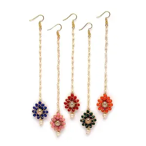 ZENEME Women's Gold-Plated Ad with Pearls Studded Flower Shaped Maangtikka (Combo of 5) Free Size Pink-Green-Orange-Red-Blue