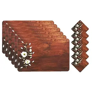 Kuber Industries Wooden Flower Design Pvc 6 Piece Dining Table Placemat Set With Tea Coasters (Brown)-Ctktc032179