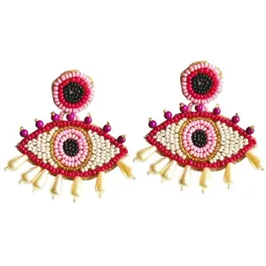 Tipsy Closet Pink Evil Eye Statement Handmade Beaded Stylish Earrings Women Girls Party Bead Fabric Fashion Jewellery Handcrafted Accessories Contemporary Boho Drops & Danglers Stud Earring Set Big