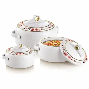 Nayasa Casserole Insulated Serving Tureen Hot Pot Thermoware with Inner Stainless Steel (White 3PC Big Set (1000+1500+2000ml))