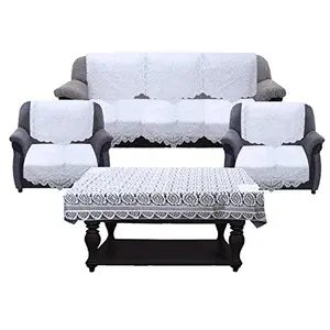 Kuber Industries Circle Design Cotton 7 Piece 5 Seater Sofa Cover With Center Table Cover(White)-Ctktc028718