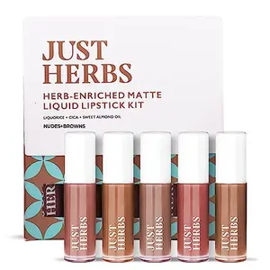 Just Herbs Organic Liquid Lipstick Kit Set of 5 Hydrating & Lightweight Lip Color - Paraben & Silicon Free - 1.6 fl oz. (Nudes & Browns)