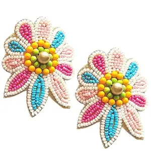 Tipsy Closet Multicolour Flower Handmade Beaded Earrings Big Long Statement Boho Bollywood Beach Vacation Wedding Fashion for Women Girls Aesthetic Handcrafted Embellished Bohemian Floral Beads Studs