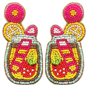 Tipsy Closet Quirky Pink Yellow Strawberry Lemonade Handmade Beaded Earrings for Women Girls Bead Fabric Drop Danglers Contemporary Boho Bollywood Party Beach Vacation Earring Y2K Pinterest Aesthetic