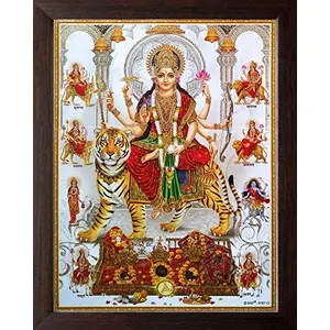 Art n Store Goddess Durga/Ambe/Sherawali Maa with his 9 Form Religious & Decor Poster Painting with Brown wood Frame (30 X 23 X 1.5 cm_ Brown Wood)