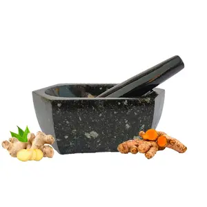 SIKKI CRAFT Hexagonal Mortar/kharal/Okhali & Pestle Made of Natural Stone Granite and Used for Grinding Herbs and Spices 15 cm Long