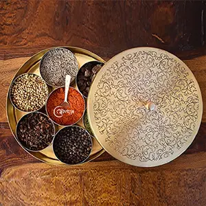 The Advitya Brass Masala Box for Kitchen |Spices Storage Containers| Handmade en Masala container/Spice Box with Embossed Lid 7 Compartments and 1 Spoon (7 Inch Small) Gold