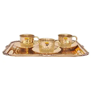 Shiv Shakti ArtsÂ® Pure Brass Karvi Eatching Design Serving Tray With 3 Brass cup & saucer | Morning Tea cup set tableware serveware 7 piece set.