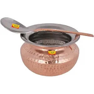 Shiv Shakti ArtsÂ® Steel Copper Handi with Serving Spoon - Punjabi & Rajasthani Design - for Serving Food.(No.3-1000 ML) Set Of 1 Piece.