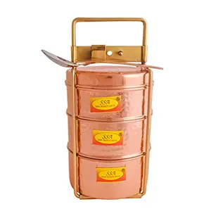 Shiv Shakti Arts Pure Copper Nickle Lunch Box | Tiffin Royal Rajasthani Design - Jaipuri Dinnerware & Serving Items | Brown Food Grade - with Spoon & Brass Handle
