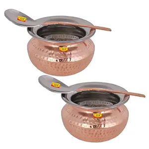 Shiv Shakti ArtsÂ® Steel Copper Handi with Serving Spoon - Punjabi & Rajasthani Design - for Serving Food.(No.3-1000 ML) Set Of 2 Piece.