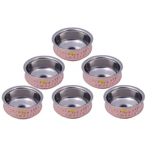 SHIV SHAKTI ARTS Handmade Pure Steel Copper Handi Design Bowl with Hammered Style and Curved Shape (100 ml) - Set of 6