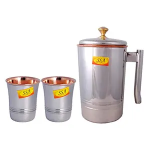 Shiv Shakti Arts Platinum Luxury Design Steel Copper Jug Glass Set - 3 Pieces Drinkware Set - (Capacity -2 Liter)