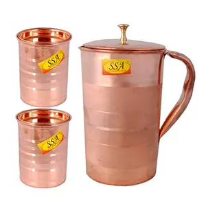 Shiv Shakti ArtsÂ® Silver Touch Design Classic Pure Copper Jug/Pitcher with 2 Glasses & Brass Top Drinkware Set - (Volume - 1.45 Liter) - 3 Pieces Set
