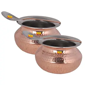 Shiv Shakti ArtsÂ® Steel Copper Handi with Serving Spoon - Punjabi & Rajasthani Design - for Serving Food.(No.4-1750 ML) Set Of 2 Piece.