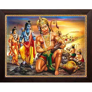 Art n Store: Lord Ram Laxman Hanuman & Vanar Sena Making Ram Setu Bridge HD Printed Religious & Wall Decor Poster Painting with Plane Wood Frame (30 X 23.5 X 1.5 cm_ Brown Wood)
