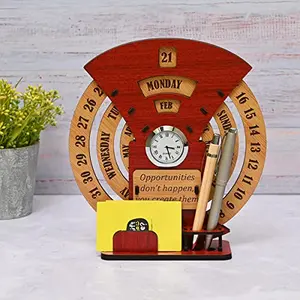 GKD Calendar of lifetime calendar 2023 desk organizer round table calendar and pen stand with clock wooden premium antique look for office decorcorporate gifts (Red Eco friendly)