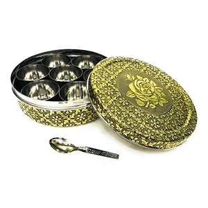 NAVRANG Stainless Steel Spice Box Masala Box Dabba Decorative Container Meenakari Mithai Dabba Gits Flower Design (7 Steel Cups With 1 Spoon Golden)
