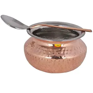 Shiv Shakti ArtsÂ® Steel Copper Handi with Serving Spoon - Punjabi & Rajasthani Design - for Serving Food.(No.2-650 ML) Set Of 1 Piece.