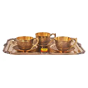 SHIV SHAKTI ARTS Pure Brass Karvi Eatching Design Serving Tray with Brass Tea Cup and Saucer Set (150 mlBrassGold) New Year Diwali Gift Item