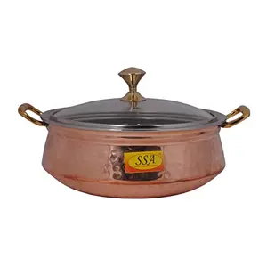 SHIV SHAKTI ARTS Hammered Steel Copper Handi Bowl with Lid & Handle Serving Indian Dishes Tableware(Brown 1000 ml)