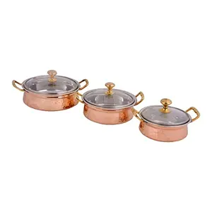 SHIV SHAKTI ARTSÂ® Steel Copper Hammered Handi/Casserole Set with lid with Handles (Copper 400 ml 650 ml 850 ml 3 Piece Set)