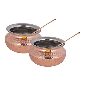 Shiv Shakti ArtsÂ® Steel Copper Handi with Serving Spoon - Punjabi & Rajasthani Design - for Serving Food.(No.2-650 ML) Set Of 2 Piece.