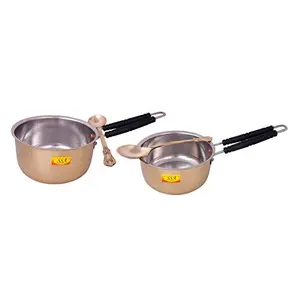 Shiv Shakti ArtsÂ® Pure Brass Premium Sauce Pan | Fry Pan Set with Serving Spoon with Handle for Serving & Cooking (Inside Nickle Plated Premium Design = Set of 2 Size - 1250 1800 ML)