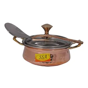 SHIV SHAKTI ARTS Hammered Steel Copper Handi Bowl with Lid Handle & Serving Spoon Serving Indian Dishes Tableware(Brown 300 ml)