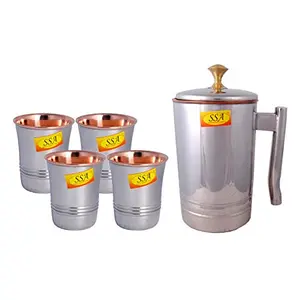 Shiv Shakti ArtsÂ® Platinum Luxury Design Steel Copper Jug Glass Set - 5 Pieces Drinkware Set - (Capacity -1.5 Liter)