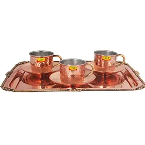 Shiv Shakti ArtsÂ® Pure Copper Tray Karvi Eatching Design Serving With 3 Copper cup & saucer | Morning Tea cup set tableware serveware.7 piece set