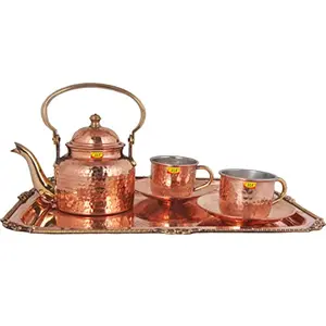 Shiv Shakti ArtsÂ® Pure Copper Tray Karvi Eatching Design Serving With 1 Pure Copper kettle with 2 Copper cup & saucer | Morning Tea cup set tableware serveware. (6 Pieces set)