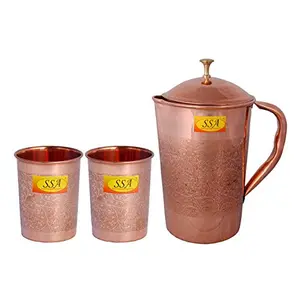 Shiv Shakti Arts Designer Eatching Embossed Design Pure Copper Jug Glasses Set | Drinkware Set- (Capacity - 1.6 Liter) - 3 Pieces Set