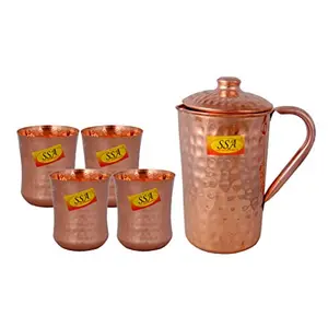 Shiv Shakti ArtsÂ® Shinee Hammer Luxury Design Pure Copper Jug with Glass Set - (Capacity - 1 Liter) - 5 Pieces Drinkware Set