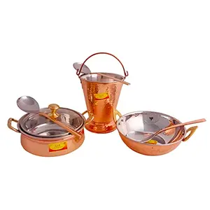 Shiv Shakti Arts Copper Tableware Serving Set | Dinnerware Combo Set with Spoon (Bucket Kadhai Handi) 3 Pieces Set
