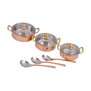 SHIV SHAKTI ARTSÂ® Steel Copper Hammered Handi/Casserole Set with Spoon with lid with Handles (Copper 400 ml 650 ml 850 ml 6 Piece Set )